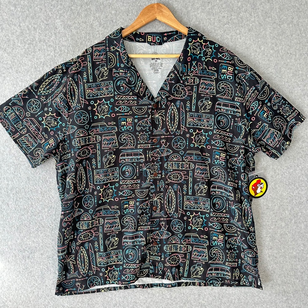 Buc-ee's Men's 2X Neon Tiki Camp Shirt Hawaiian Button Up Retro Camper Black NWT